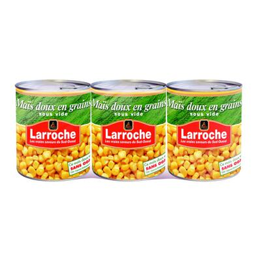 Maïs Doux en Grains Sous Vide Sans Sucres Ajoutés Larroche 3x150 g