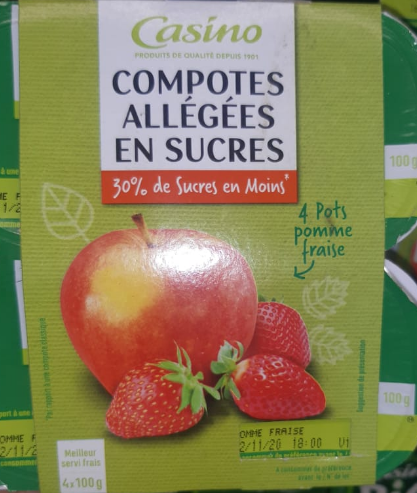 Compote Pomme Fraise allégée en sucres Casino 4 x 100 g
