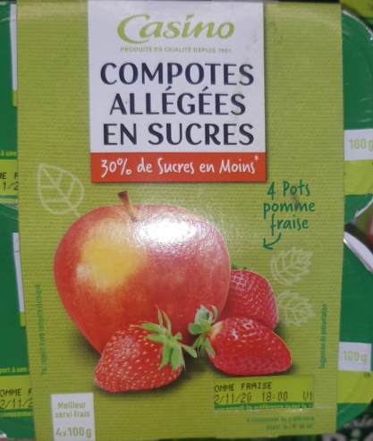 Compote Pomme Fraise allégée en sucres Casino  4 x 100 g