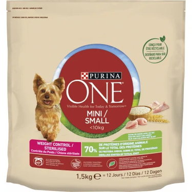 Dry Food Rich in Turkey and Rice Mini/Small &lt;10kg Weight Control for Sterilized Dogs Purina One 1.5 kg