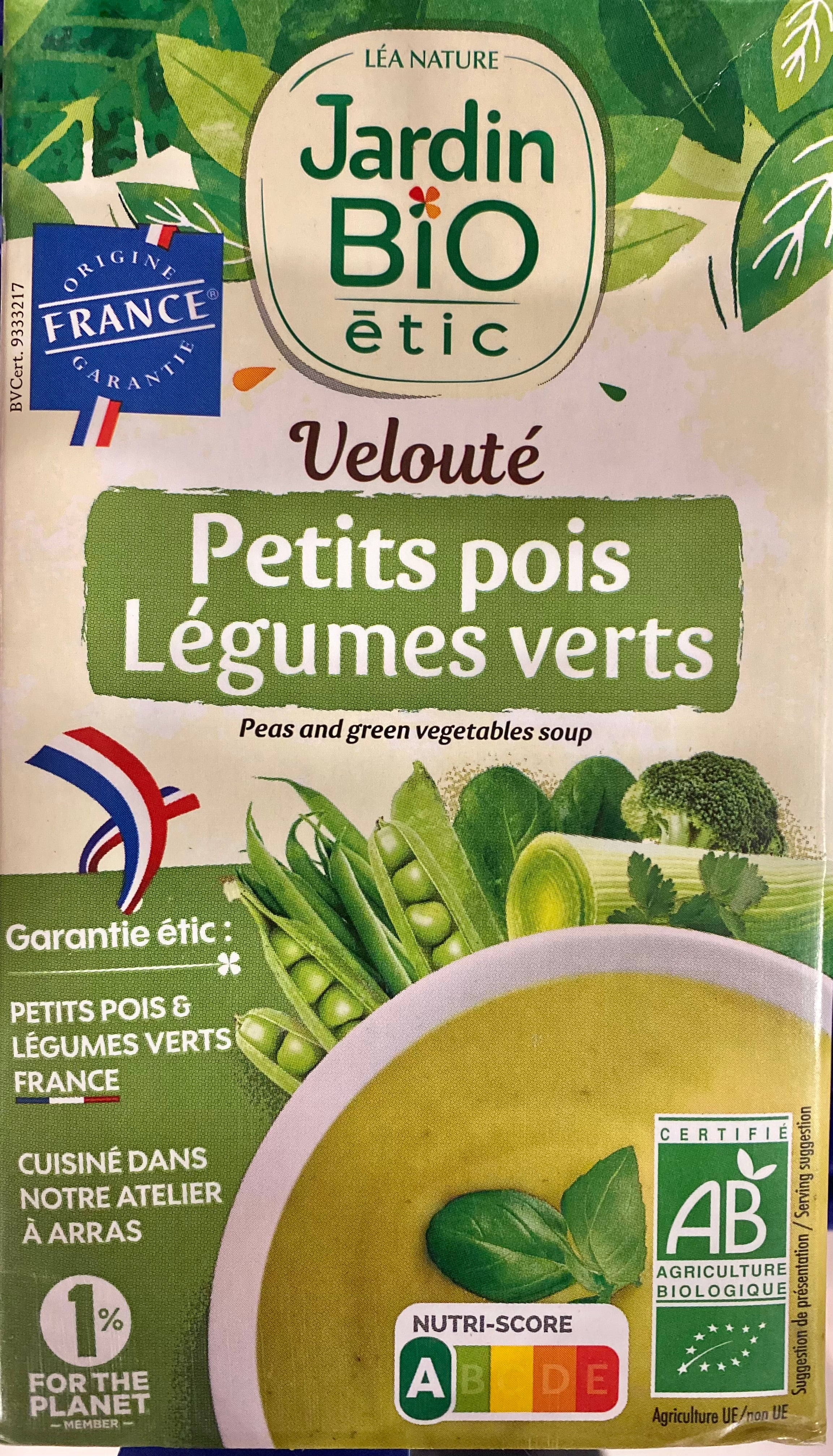 Velouté BIO Petits Pois  Légumes Verts Jardin Bio Étic 1L