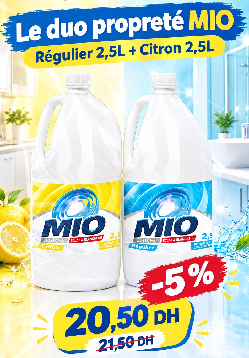 Eau de javel régulier 2,5L + Eau de javel citron 2,5L - MIO