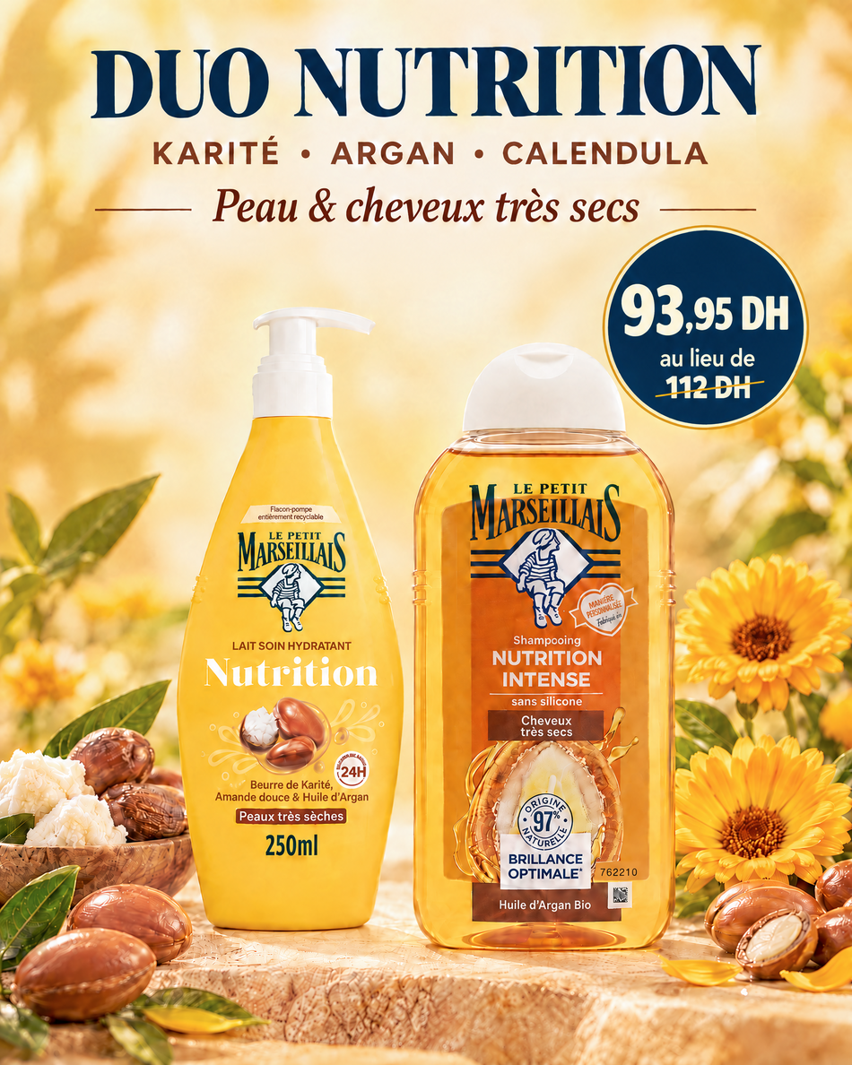 Lait Soin Nourrissant Karité & Argan Le Petit Marseillais 250ml+Shampoing Huile infusion Nutrition Calendula et Argan Bio Cheveux Très Sec le Petit Marseillais 250 ml