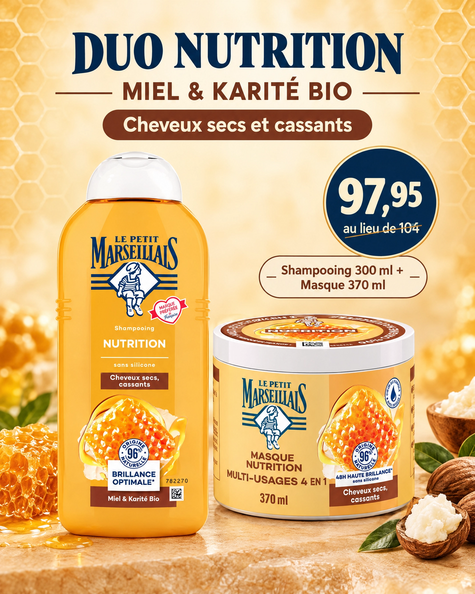 Shampooing Nutrition Miel – Cheveux Secs et Cassants Le Petit Marseillais 300ml+Masque Capillaire Miel & Karité Bio Le Petit Marseillais 370ml