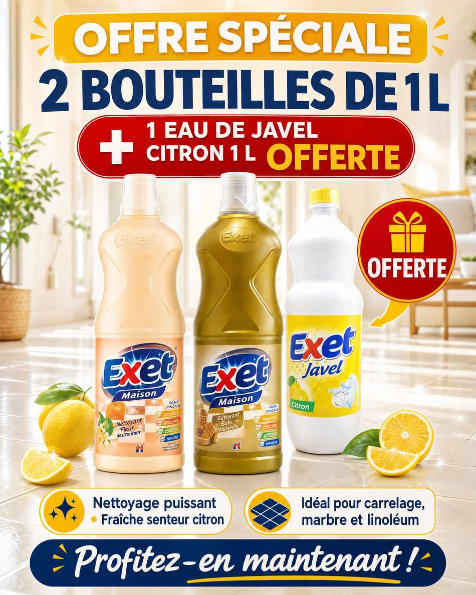 Nettoyant Sol Exet Maison 2X1L=Eau de Javel Citron Exet 1l OFFRE
