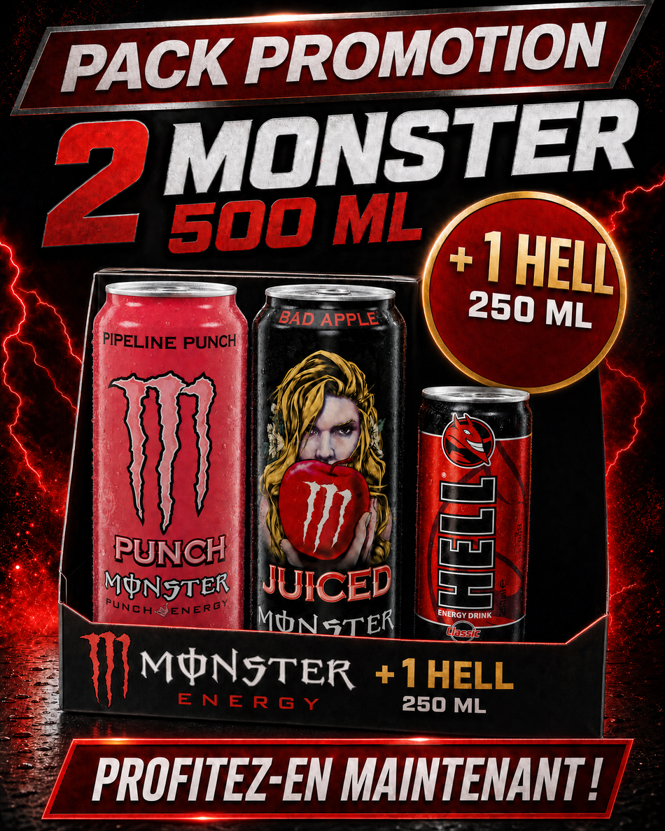 Pack 2 X canettes Monster de 500 ml +1 canette Hell de 250