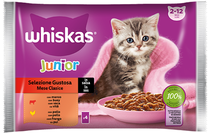 4 sachets WHISKAS Junior kitten wet food beef and chicken in gravy 4x85g