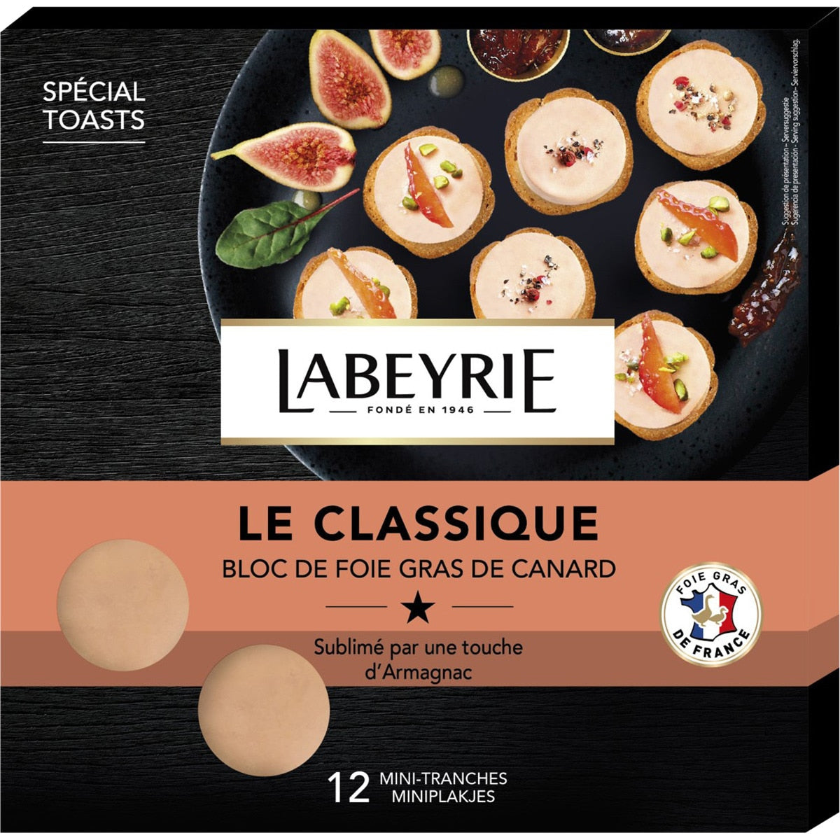 Block of Le Classique duck foie gras in 12 mini slices, gluten-free tray LABEYRIE 90 g
