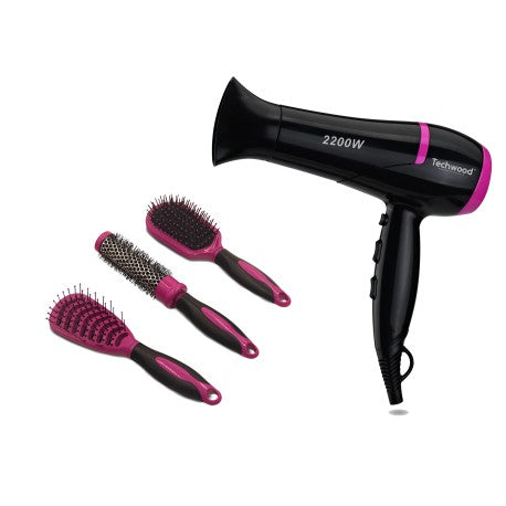 Coffret Coiffure Seche Cheveux fuschia Techwood. Livré avec 3 Brosses. 3 températures - 2 vitesses 2200W