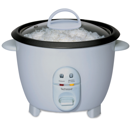 White rice cooker 1L Techwood. Removable tank. Glass lid. Comes with Spatula and Measuring Bowl