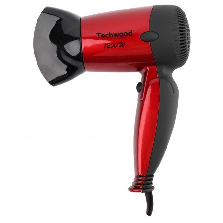 Red Techwood "Rubber Touch" foldable travel hair dryer. 2 Speeds. 1200W