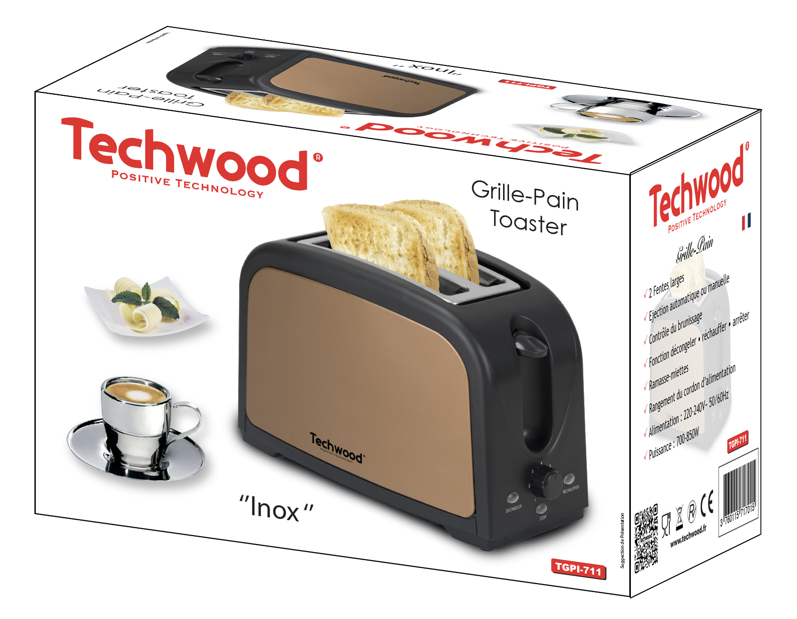 Techwood bronze stainless steel toaster. 2 wide slots. Defrost function. Crumb collector. 850W