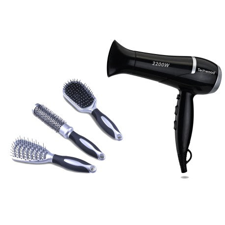 Techwood Silver Hair Dryer Hairdressing Box. Comes with 3 Brushes. 3 temperatures - 2 speeds 2200W