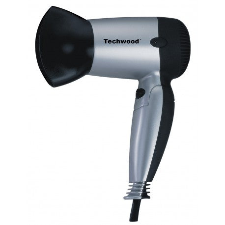 Gray Techwood "Rubber Touch" foldable travel hair dryer. 2 Speeds. 1200W