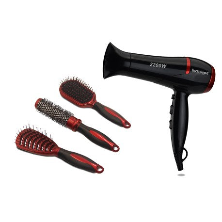 Techwood Red Hair Dryer Hairdressing Box. Comes with 3 Brushes. 3 temperatures - 2 speeds 2200W