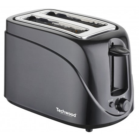 Black Techwood toaster. 2 wide slots. Crumb tray.700W