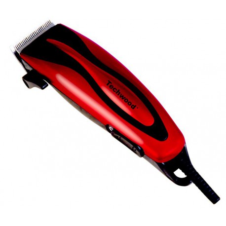 Red Techwood Corded Hair and Beard Trimmer. Cutting length adjustable from 3 to 12mm