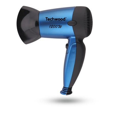 Blue Techwood "Rubber Touch" foldable travel hair dryer. 2 Speeds. 1200W