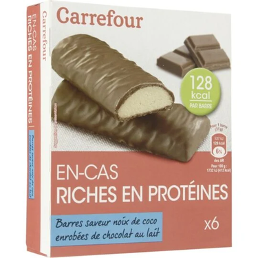 Barres Protéinées Saveur Noix de Coco Enrobées de Chocolat au Lait  Carrefour 186 g (6x31g)