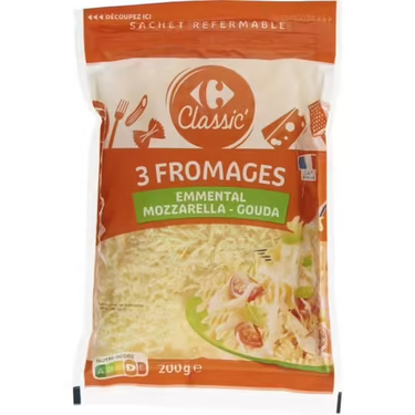 Fromage Râpé : Emmental, Mozzarella, Gouda  Carrefour  200 g