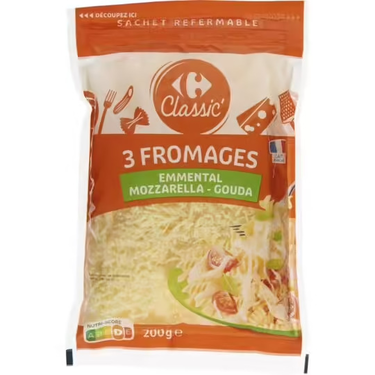 Grated cheese: Emmental, Mozzarella, Gouda Carrefour 200 g