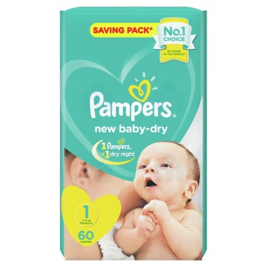 60 Couches Baby-Dry Nouveau-Né Pampers Premium T1(2 - 5Kg)