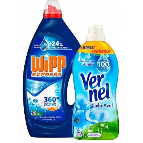 Liquid detergent. 45 Wash 2.250L + Concentrated softener 54 + 3 Wash 1.311L Wipp