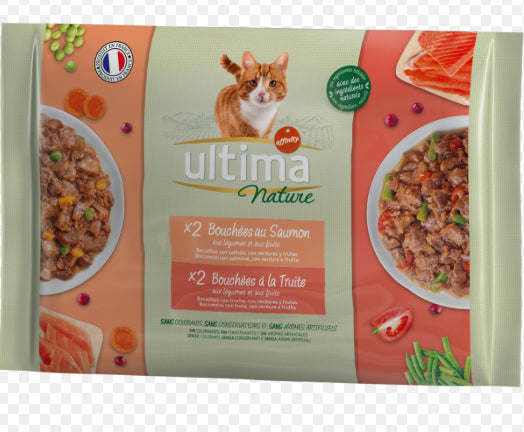 Bouchées au Saumon et Bouchées à la Truite Pour Chat Ultima 4 x 85 g