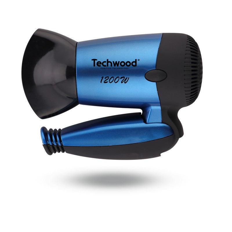 Blue Techwood "Rubber Touch" foldable travel hair dryer. 2 Speeds. 1200W