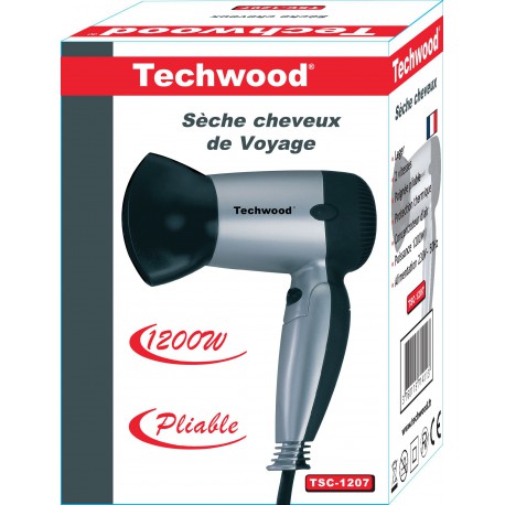 Sèche Cheveux de Voyage pliable  Techwood "Rubber Touch" gris. 2 Vitesses. 1200 W