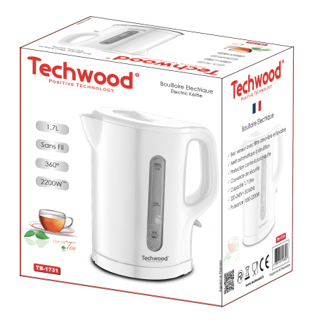 Bouilloire blanche Techwood 1,7L . Filtre amovible