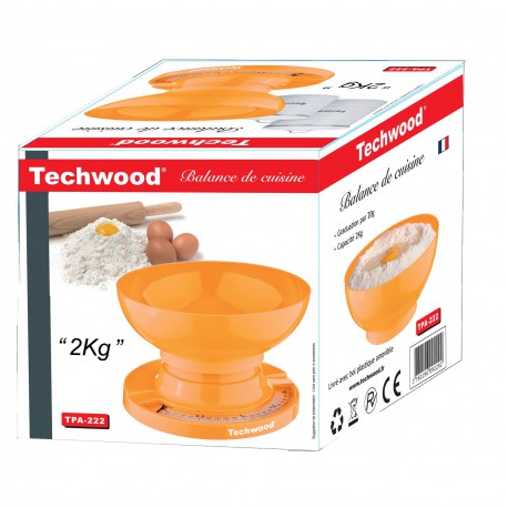 " Orange Techwood Mechanical Food Scale Graduation by 20 g - Removable bowl max 3 Kg "