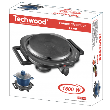 Black Electric Plate 1 Techwood Fire. 185mm Overheat protection.1500W