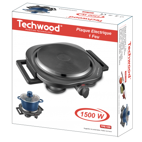 Plaque Electrique noire 1 Feu Techwood. 185mm  Protection anti-surchauffe.1500 W