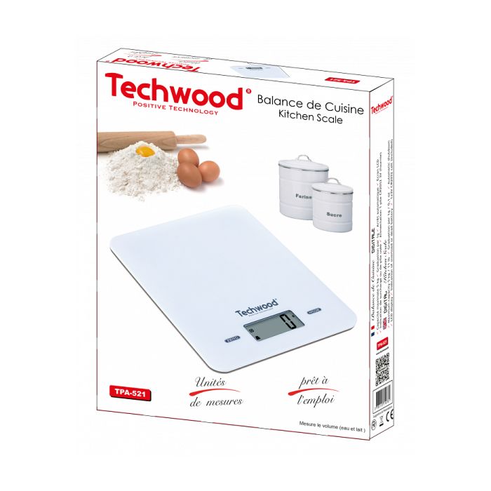 Balance de Cuisine Digitale blanche Techwood. Capacité max 5 kg. Graduation par 1g - Arrêt automatique