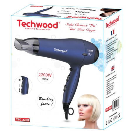 Blue Techwood "Pro" hair dryer. 3 temperatures - 2 speeds - Velvet Touch. 2200W
