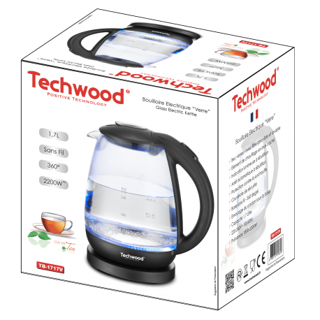 Bouilloire sans fil en verre Techwood 1,7L. Filtre amovible