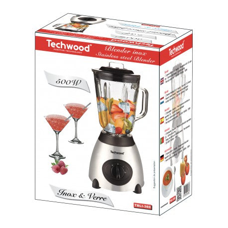 Techwood stainless steel blender 1.5L. Glass bowl. 2 Speeds + pulses. Crushed Ice function. 500W