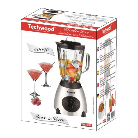 Blender Inox Techwood 1,5L. Bol en verre . 2 Vitesses + impulsions. Fonction Glace Pilée. 500W