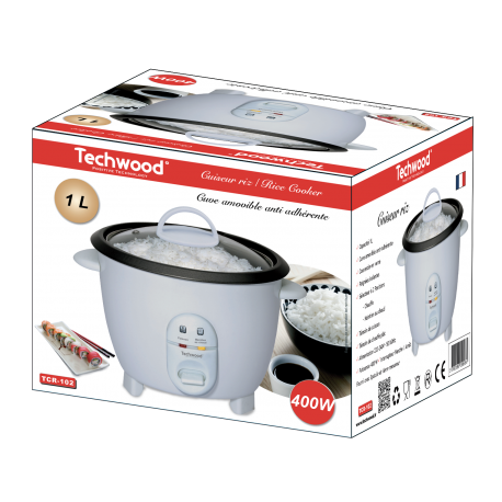 White rice cooker 1L Techwood. Removable tank. Glass lid. Comes with Spatula and Measuring Bowl