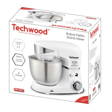 Techwood white kneading robot. 1000W , Bowl 5L 6 speeds