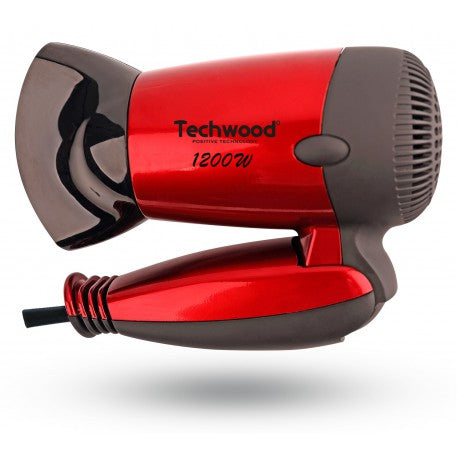 Red Techwood "Rubber Touch" foldable travel hair dryer. 2 Speeds. 1200W