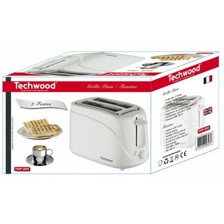 Grille Pain blanc Techwood. 2 Fentes larges. Tiroir ramasse miettes.700W