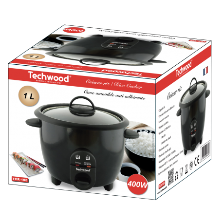 Black rice cooker 1L Techwood. Removable tank. Glass lid. Comes with Spatula and Measuring Bowl