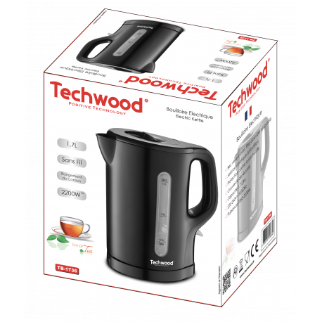 Black Techwood 1.7L kettle. Removable filter