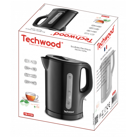 Bouilloire noire Techwood 1,7L . Filtre amovible