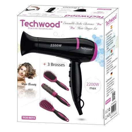 Coffret Coiffure Seche Cheveux fuschia Techwood. Livré avec 3 Brosses. 3 températures - 2 vitesses 2200W