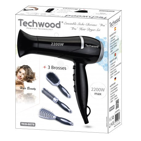 Techwood Silver Hair Dryer Hairdressing Box. Comes with 3 Brushes. 3 temperatures - 2 speeds 2200W