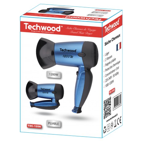 Blue Techwood "Rubber Touch" foldable travel hair dryer. 2 Speeds. 1200W