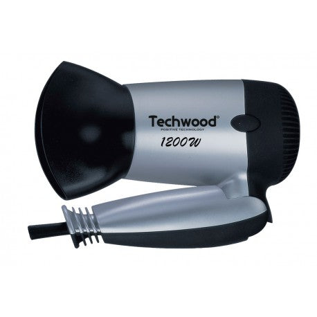 Gray Techwood "Rubber Touch" foldable travel hair dryer. 2 Speeds. 1200W